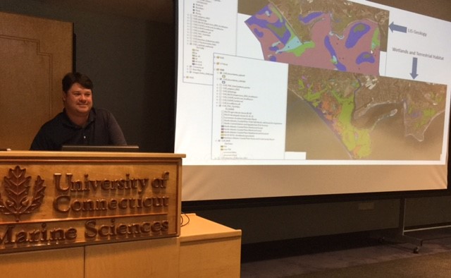 Kevin O'Brien shows maps of proposed NERR areas at meeting on Aug. 17, 2017, at UConn Avery Point.