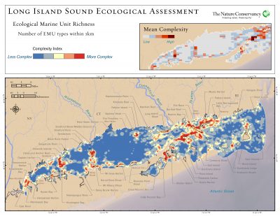 This map, one of many included in the draft version of the Long Island Sound Blue Plan Resource and Use Inventory, shows the level of ecological richness in different areas of the estuary.