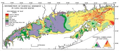 This map included in the draft Blue Plan inventory shows the distribution of different types of sediments in Long Island Sound.