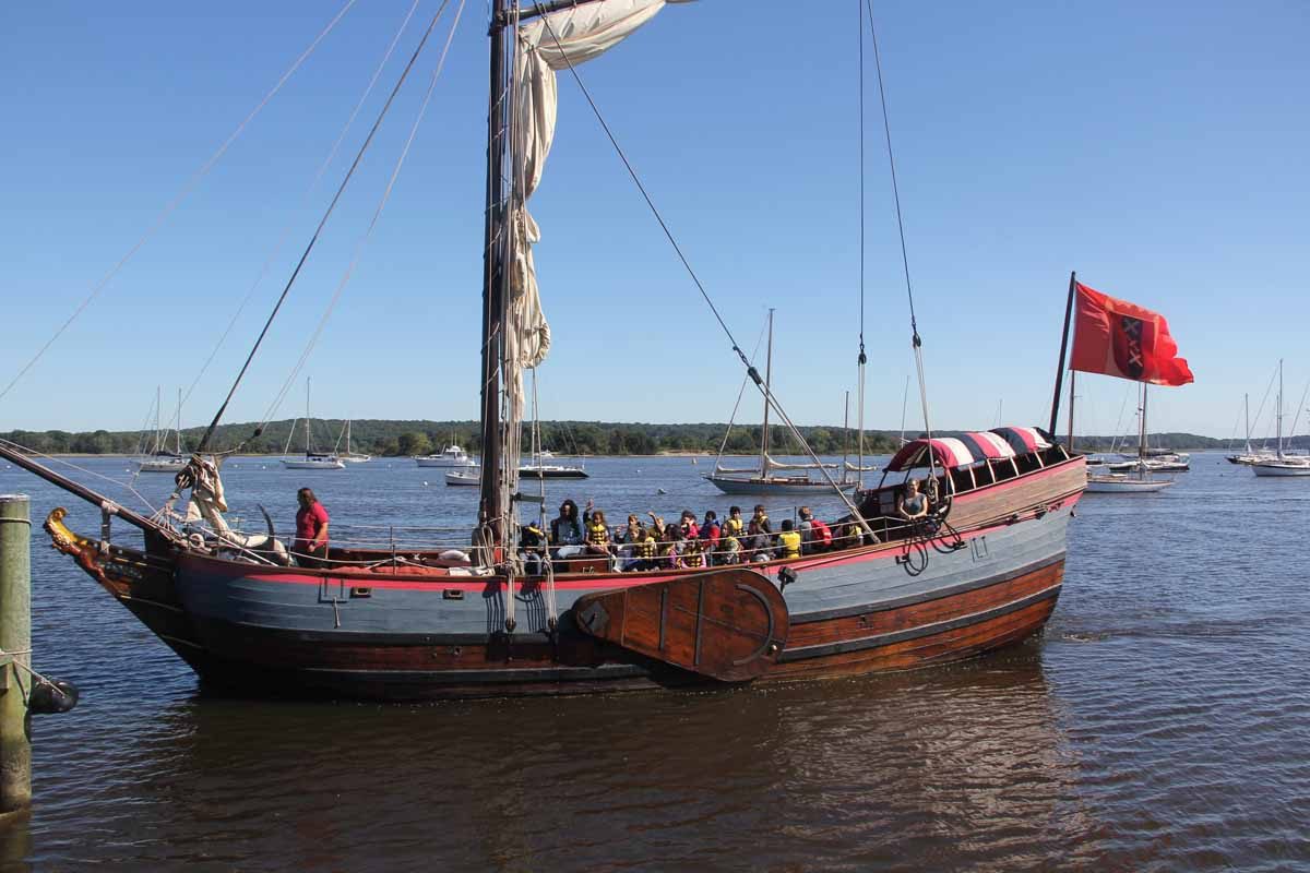 The Onrust approaches the dock at the Connecticut River Museum after taking a group of local youth for a sail.