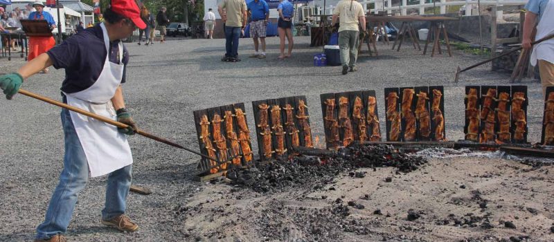 Shad is cooked on planks around a fire at the Essex Annual Shad Bake.