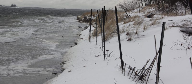 High winds and heavy surf from Winter Storm Gail on Dec. 17 is eroding the shoreline at Mitchell Beach in New London, but dune grass and snow fencing are helping protect the dune.