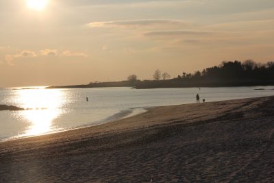 A woman walks her dog along a Long Island Sound beach near sunset.