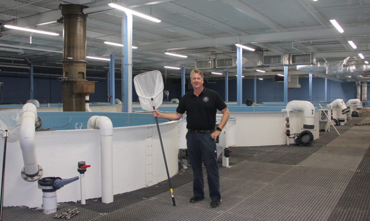 Eric Pedersen stands beside one of the 28 tanks at Ideal Fish where branzino are grown.
