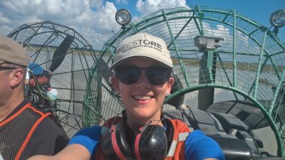 Deborah Abibou visits the Bayou Bonfouca marsh creation site in Louisiana via airboat.