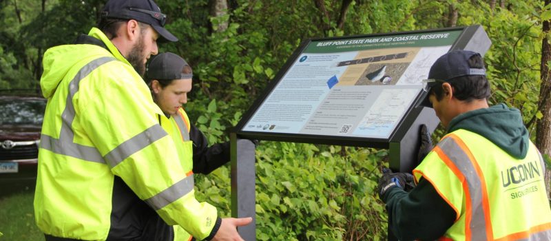 Mark Phegley, left, QCW sign maker for UConn, directs student employees John Poland, center, and Braden Gutierrez in the positioning of a Connecticut Blue Heritage Trail sign at Bluff Point State Park on June 9. The trail is a project of CTSG, UConn and CT DEEP.