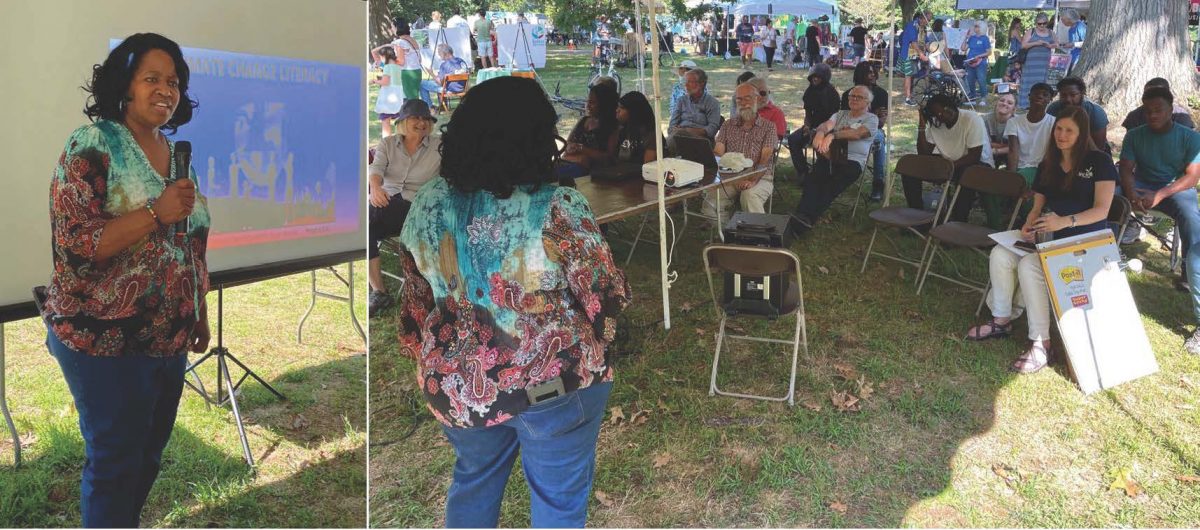 Doreen Abubaker, of the Community Placement Engagement Network and West River Watershed Partnership, talks to a group at the New Haven Folk Festival about climate change impacts in New Haven and the upcoming Climathon