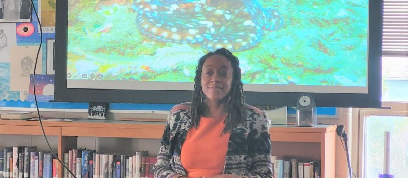 Dr. Camille Gaynus, board chair of the professional organization Black in Marine Science, talks about marine science careers and the need for diversification and participation in these fields with students at the Sound School in New Haven last week as part of a project with the West River Watershed Partnership, Project WET, CT Sea Grant and CT DEEP.