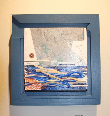 Nautical maps and other materials were used in several works by Kathryn Frund.