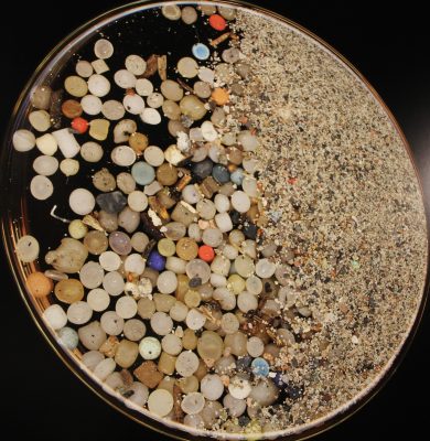 Elizabeth Ellenwood created this photo from tiny plastic pellets called nurdles she found on beaches in Norway.