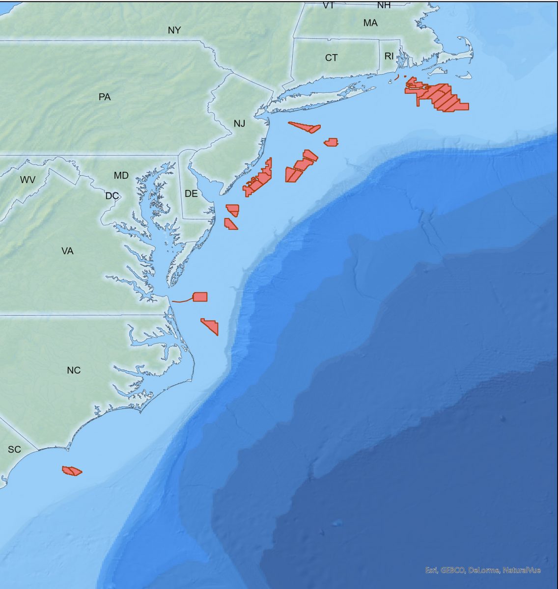 The red area in the top right, identified by BOEM as “Commercial Leases Offshore Rhode Island/Massachusetts,” is where the Avangrid, Equinor, and Eversource/Orsted projects and several other wind projects are expected to be located.