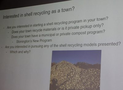 One of the PowerPoint slides shown during the presentation on shell recycling listed some of the questions volunteers and town officials should ask themselves as they explore starting a program in their town.