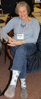 Rindy Higgins, a member of the Westport Shellfish Commission, wore socks decorated with oyster shells to the meeting.