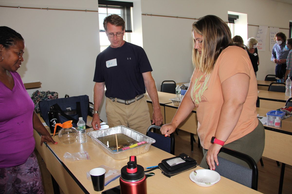 Teachers participate in one of the hands-on lessons at the Long Island Sound Mentor Teacher program in July 2022.