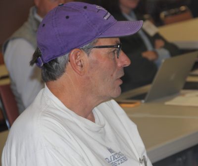 Kelp grower D.J. King of Branford asks a question during the stakeholders meeting.