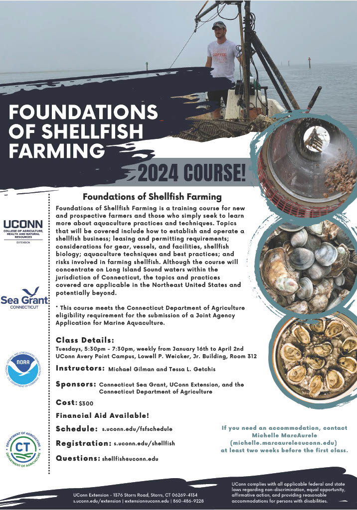 Flyer for 2024 Foundations of Shellfish Farming course