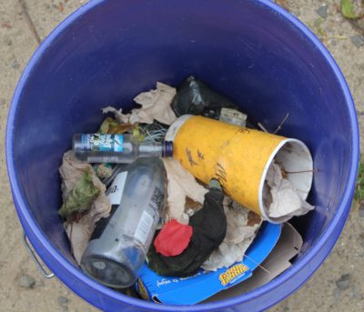 Paper cups, nips bottles and a balloon were among items collected by volunteer Susan Rood.