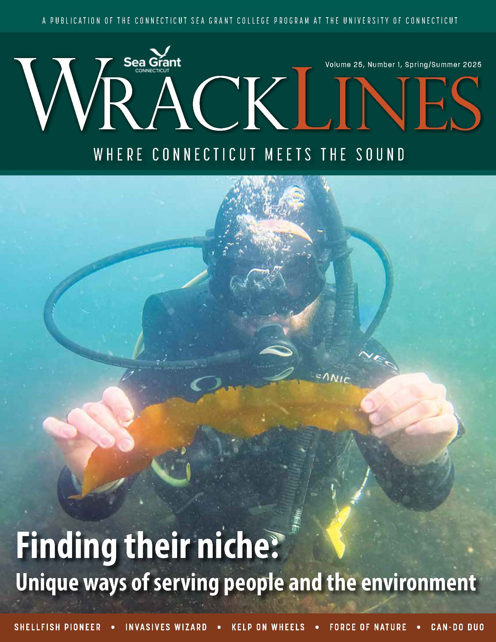 Cover of Spring-Summer 2025 issue of Wrack Lines magazine showing diver with a ribbon of sugar kelp.
